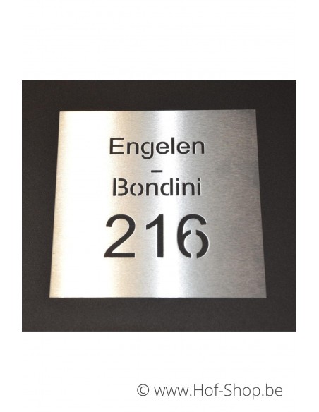 Naamplaat huisnummer + naam gelaserd op inox - plaatje 18 x18 cm