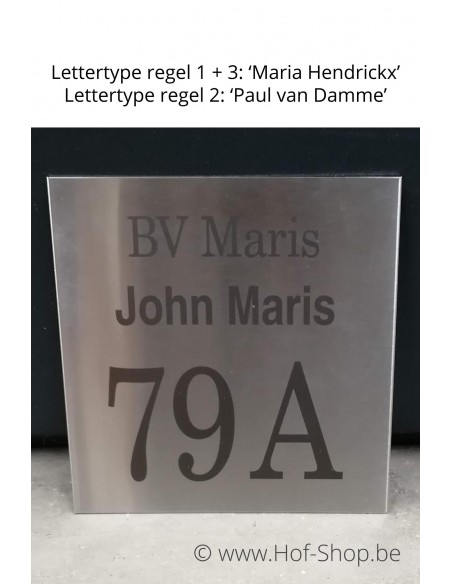 Naamplaat huisnummer + naam gebrand op inox - plaatje 18 x18 cm