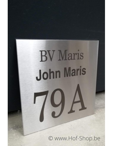 Naamplaat huisnummer + naam gebrand op inox - plaatje 18 x18 cm