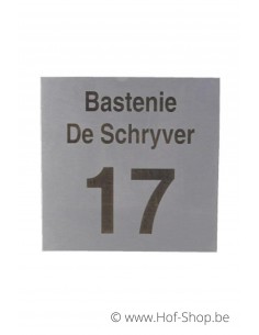 Naamplaat huisnummer + naam gebrand op inox - plaatje 18 x18 cm