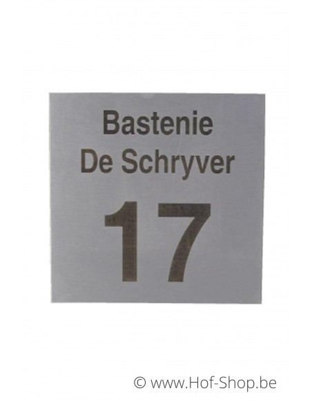 Naamplaat huisnummer + naam gebrand op inox - plaatje 18 x18 cm