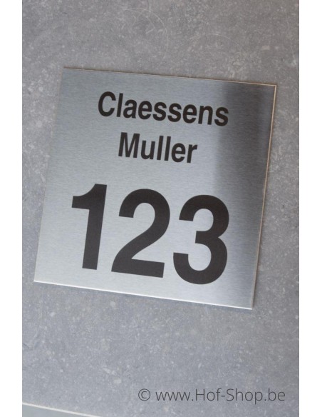 Naamplaat huisnummer + naam gebrand op inox - plaatje 18 x18 cm