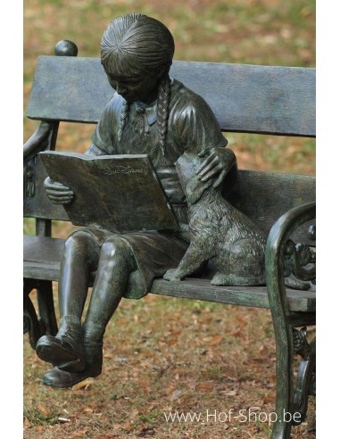 Fille sur un banc de jardin (vert) - statue en bronze (B810)