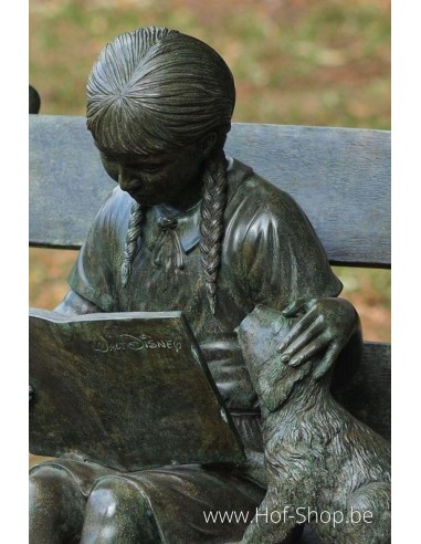 Fille sur un banc de jardin (vert) - statue en bronze (B810)