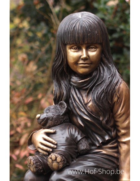 Fille sur une chaise avec un nounours - statue en bronze (B1134)