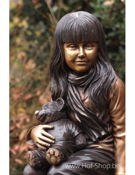 Meisje op stoel met teddy - bronzen beeld (B1134)