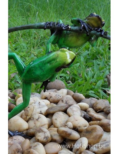 2 grenouilles colorées sur une brindille (vert)- statue en bronze (AN0981BR-C)