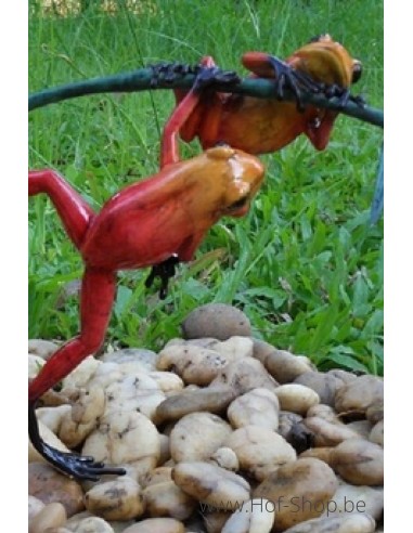 2 grenouilles colorées sur une brindille (rouge)- statue en bronze (AN0982BR-C)