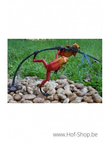 2 grenouilles colorées sur une brindille (rouge)- statue en bronze (AN0982BR-C)