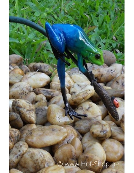 Gekleurde kikker aan twijg (blauw) - bronzen beeld (AN0986BR-C)