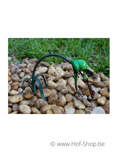 Gekleurde kikker aan twijg (groen) - bronzen beeld (AN0988BR-C)