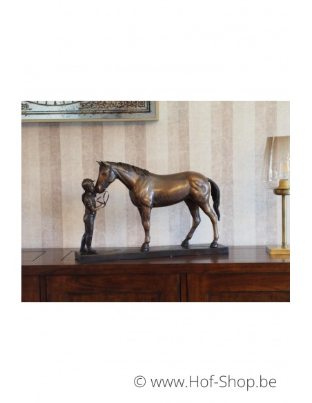 Meisje met paard op marmer voet - bronzen beeld (AN1018BR-B)