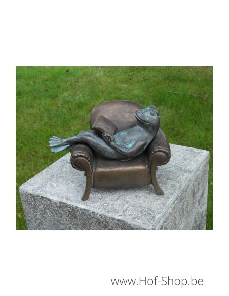 Lezende kikker in zetel - bronzen beeld (AN1715BRW-V)