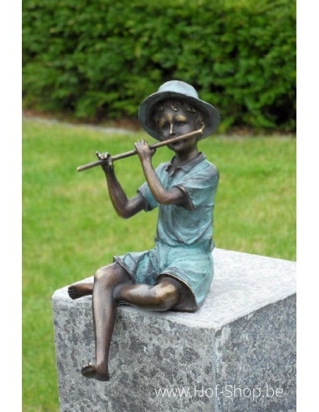Jongen met dwarsfluit - bronzen beeld (AN1341BRW-V)