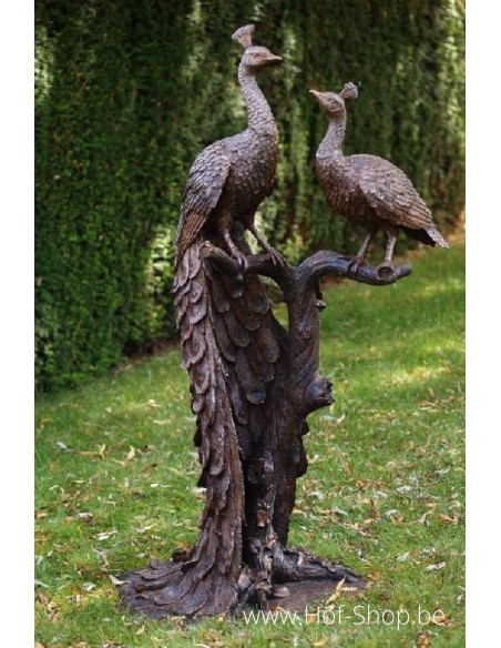 2 pauwen op boomstam - bronzen beeld (B1116)