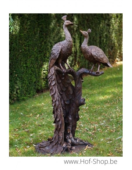 2 pauwen op boomstam - bronzen beeld (B1116)