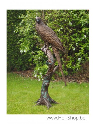 Papegaai op boomstam - bronzen beeld (B1147)