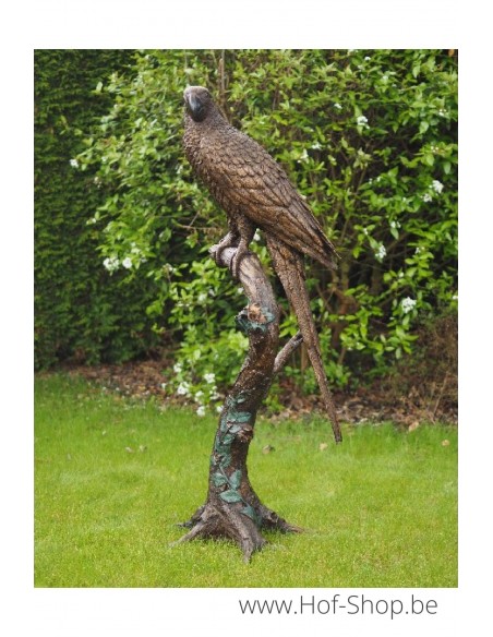 Papegaai op boomstam - bronzen beeld (B1147)