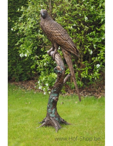 Papegaai op boomstam - bronzen beeld (B1147)