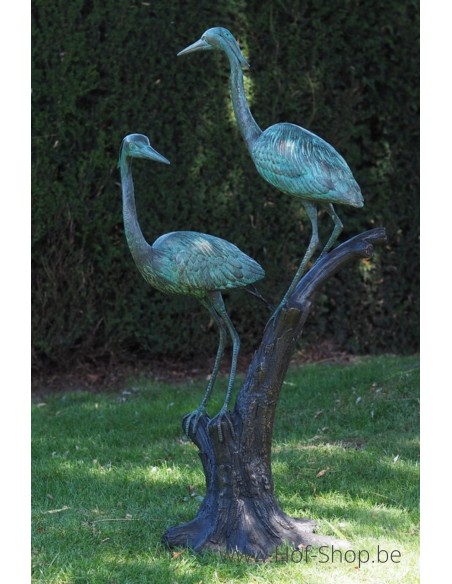 2 hérons sur branche - statue en bronze (B1376)
