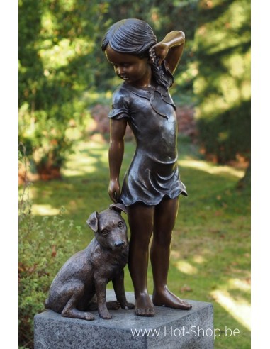 Fille avec un chien - statue en bronze (B1438)