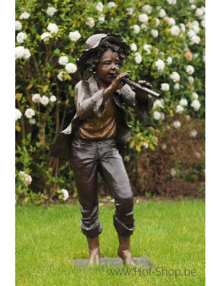 Garçon avec flûte - sculpture en bronze (B52600)