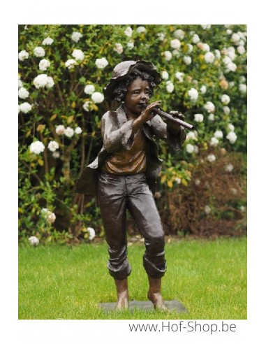 Garçon avec flûte - sculpture en bronze (B52600)