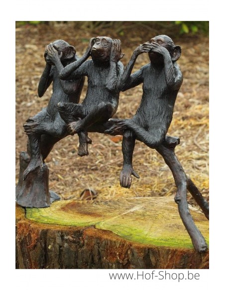 Drie aapjes op boomstam - bronzen beeld (B97190)