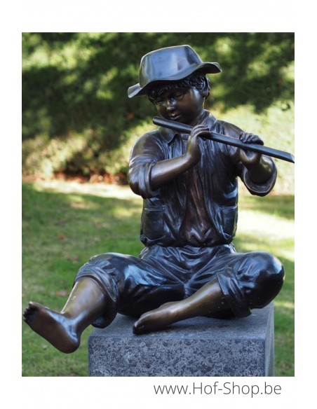Jongen met fluit - bronzen beeld (PB61054)