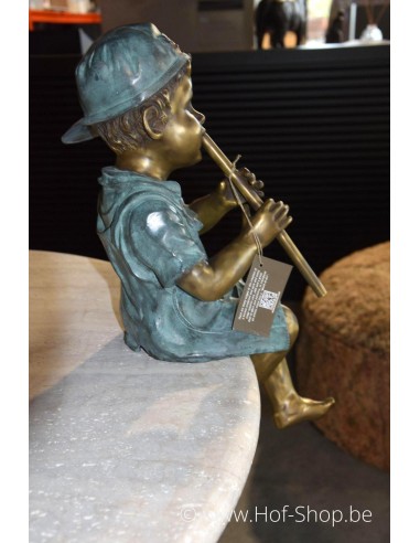 Jongen met fluit - bronzen beeld (AN1391BRW-V-F)