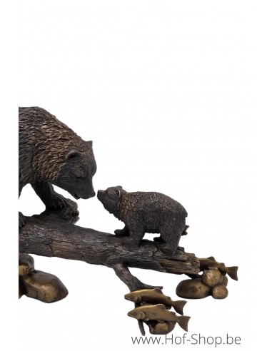 Famille d'ours sur un tronc d'arbre - statue en bronze (BS0940B)