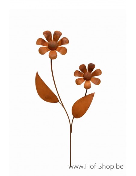 2 bloemen met blad - metalen figuur in ecoroest (MD70125)