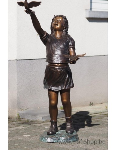 Fille avec 2 petits oiseaux - statue en bronze (B896)