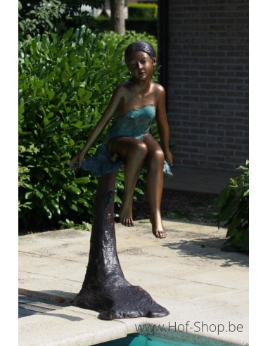 Meisje op boomstam - bronzen beeld (B94666)