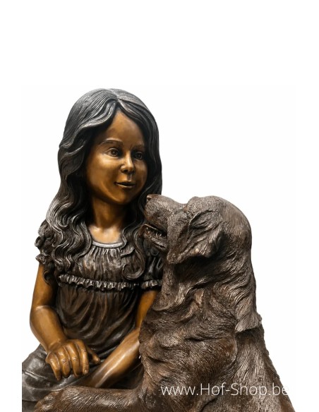 Zittend meisje met hond - bronzen beeld (B1573)