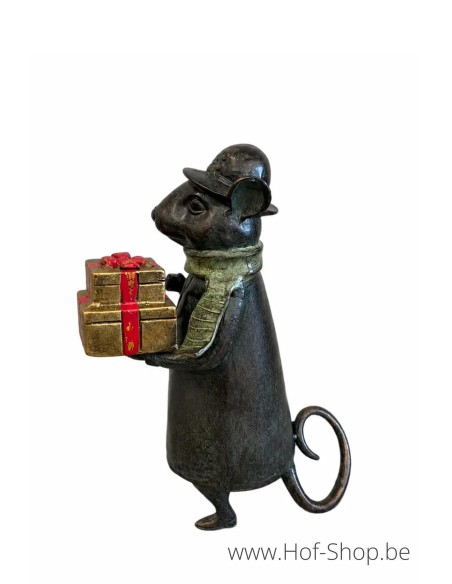 Muis met kerstcadeaus - beeld in aluminium (AL2983AL-IM)