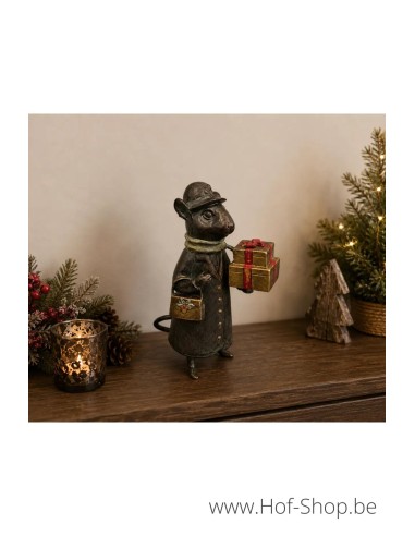 Muis met kerstcadeaus - beeld in aluminium (AL2983AL-IM)