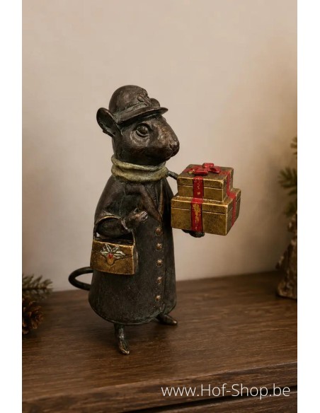 Muis met kerstcadeaus - beeld in aluminium (AL2983AL-IM)