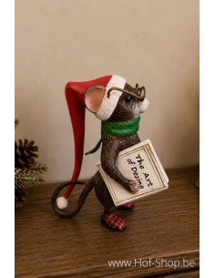 Souris avec bonnet de Noël et livre - statue en aluminium (AL3103AL-IM)