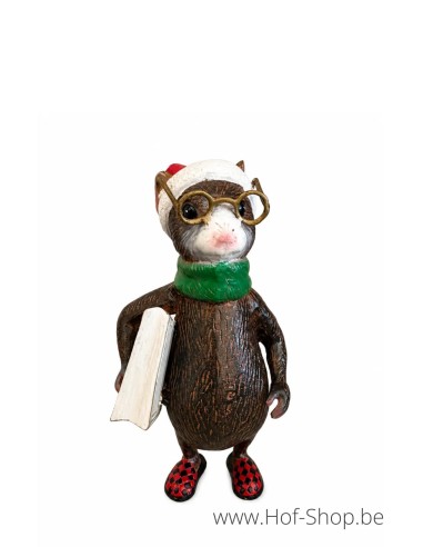 Souris avec bonnet de Noël et livre - statue en aluminium (AL3103AL-IM)