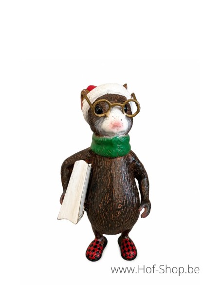Souris avec bonnet de Noël et livre - statue en aluminium (AL3103AL-IM)