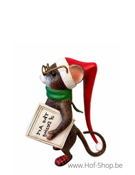 Souris avec bonnet de Noël et livre - statue en aluminium (AL3103AL-IM)