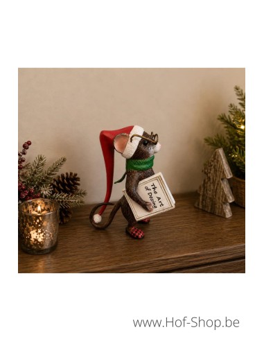 Souris avec bonnet de Noël et livre - statue en aluminium (AL3103AL-IM)