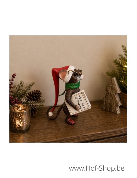 Souris avec bonnet de Noël et livre - statue en aluminium (AL3103AL-IM)