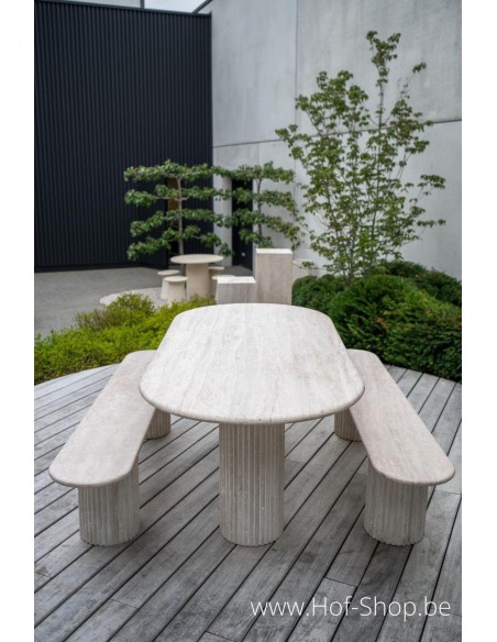 Modèle d'exposition : ensemble table et banc en travertin – Table Solace Living