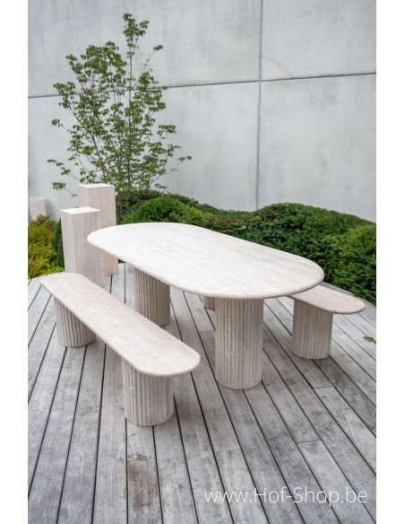 Modèle d'exposition : ensemble table et banc en travertin – Table Solace Living