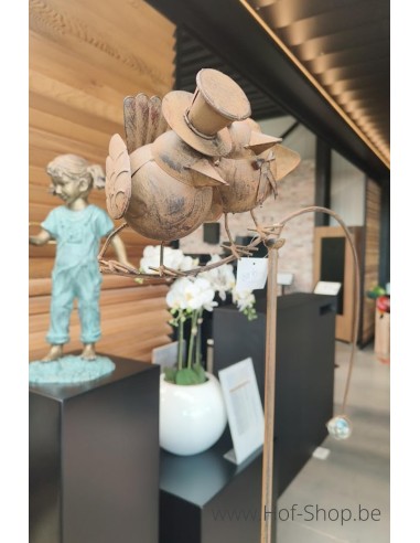 Tuteur de jardin en équilibre avec deux oiseaux en rouille écologique - figurine en métal (MD14521)