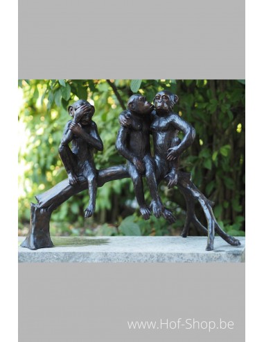 Drie aapjes op boomstam - bronzen beeld (B94254)